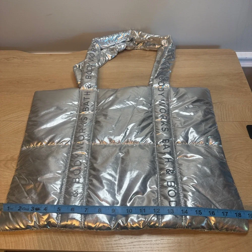 Bath & Body Works Silver Metallic Puffer Tote Bag Quilted Logo Straps Large